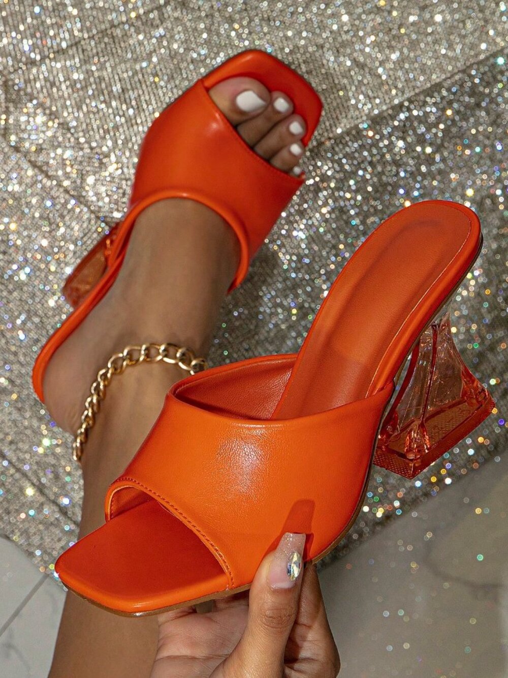 Orange Sexy Women's Square Toe Sculpted High Heel Mules